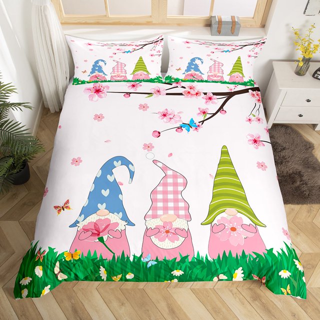 Pink Gnomes Duvet Cover for Kids Boys Girls,Spring Peach Blooms