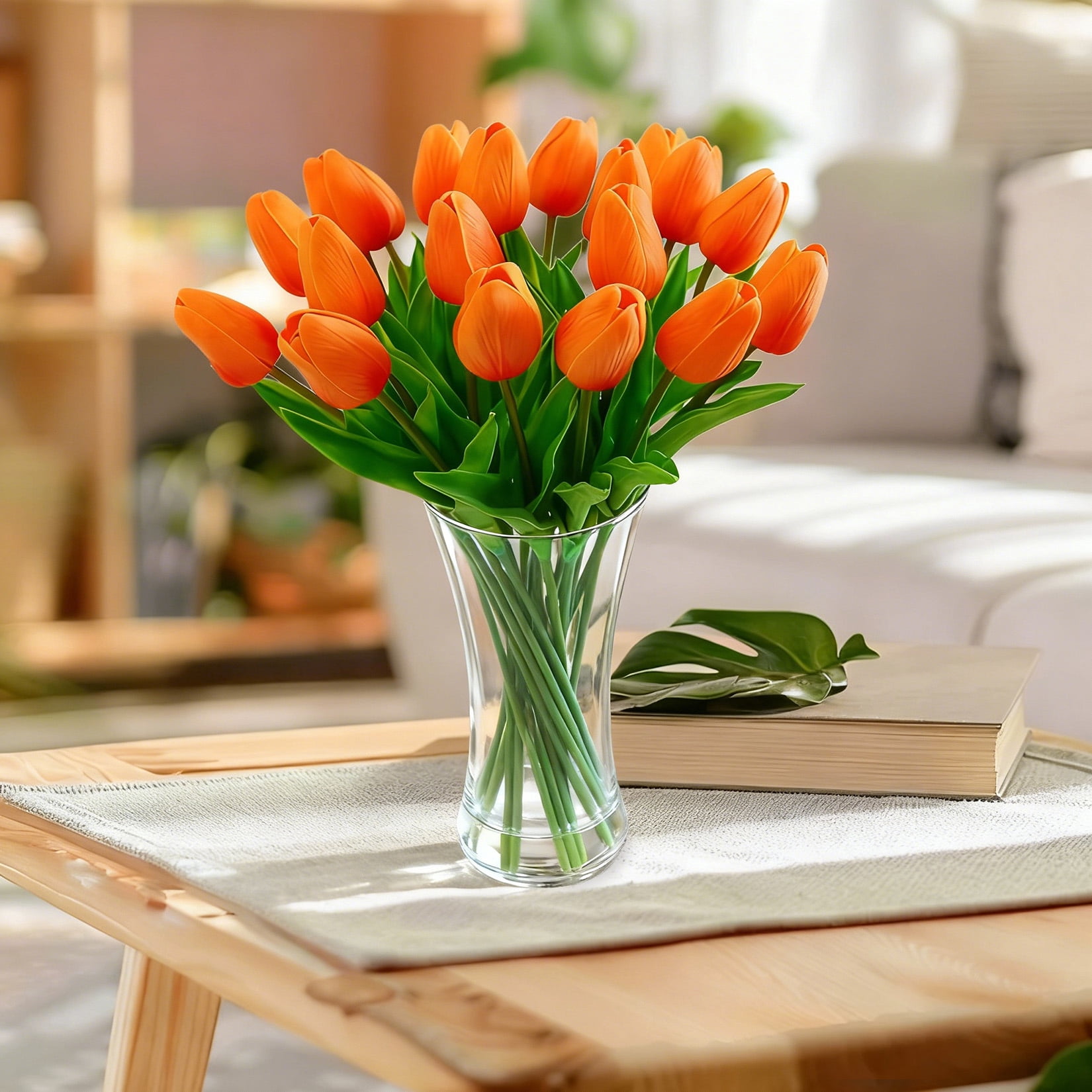 20 Pcs Artificial Real Touch Tulips Flowers in Glass Vase, Orange Tulip Arrangement with Faux Water for Dining Table Home Decor Wedding Centerpieces