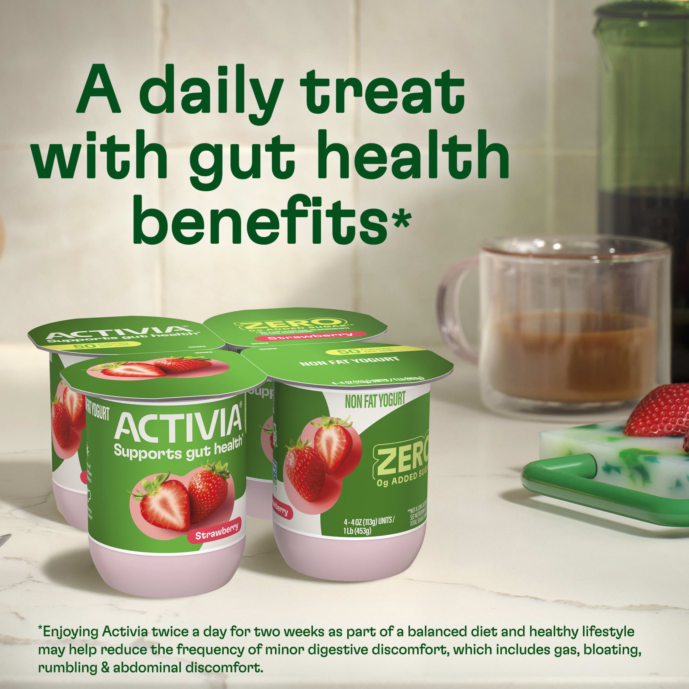 Activia ZERO 0g Added Sugar Strawberry Banana and Peach Nonfat Probiotic Yogurt Cups, Helps Support Gut Health, 4 oz, 12 Count