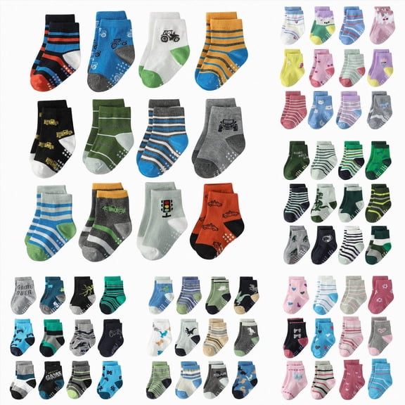 CAUYDY 12 18 36 Months Baby Boys Cute Socks 12PC Set Toddler Spring Summer Fall Winter Grip Crew Socks Sizes 1-3 Years