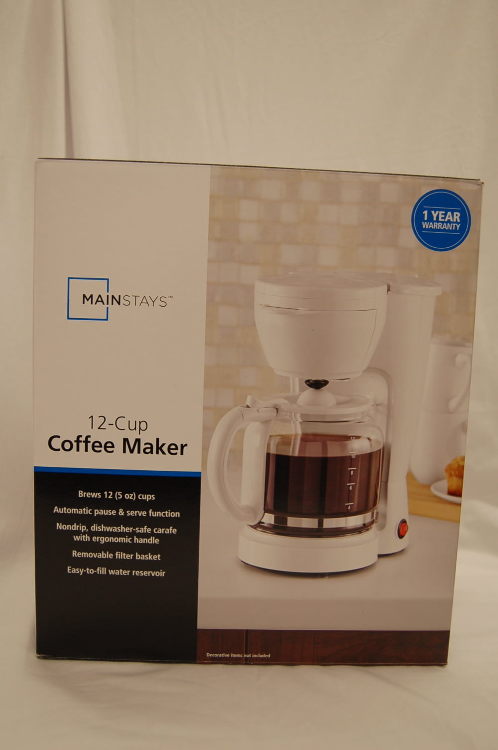 Mainstays 12-Cup Drip Coffee Maker with Anti-Drip and Pause and Serve, White