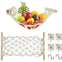 Fruit Basket Hammock Under Cabinet Adhesive, Woven Vegetable Hanging Basket, Fruit Storage for Kitchen with Banana Hooks, Mesh Fruit Holder Organization for Home Dining Room Decor