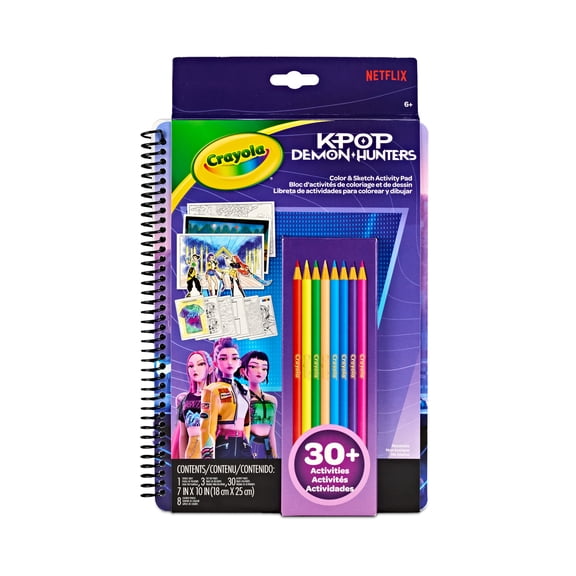 Crayola K Pop Demon Hunters Color & Sketch Activity Pad, 30 Activity Sheets, With Stencils & 8 Colored Pencils, Travel Craft Kit, Toys and Gifts for Kids, Ages 6