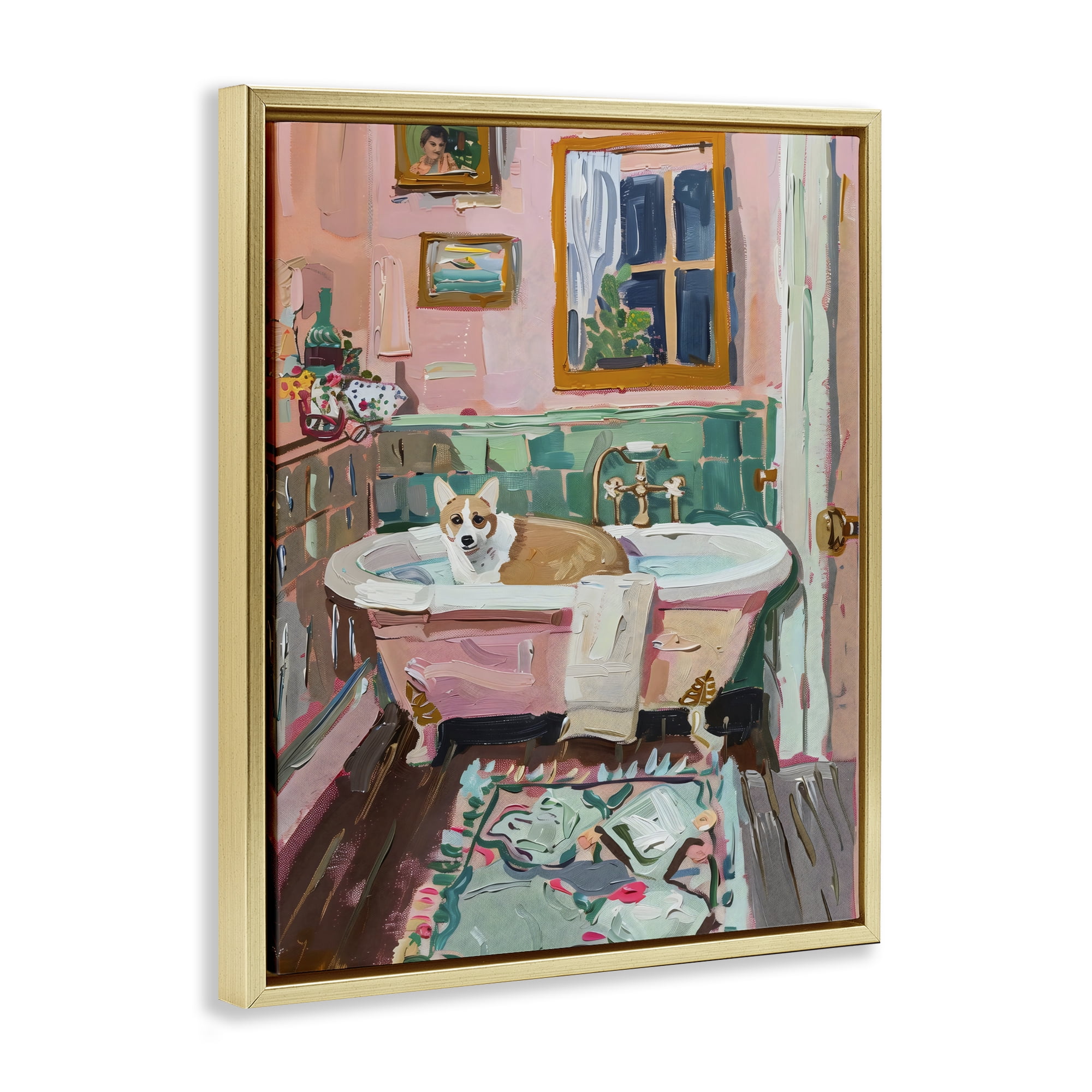 Stupell Industries Corgi in Pastel Tub Gold Framed Floater Canvas Wall Art, design by The Prints Vibe