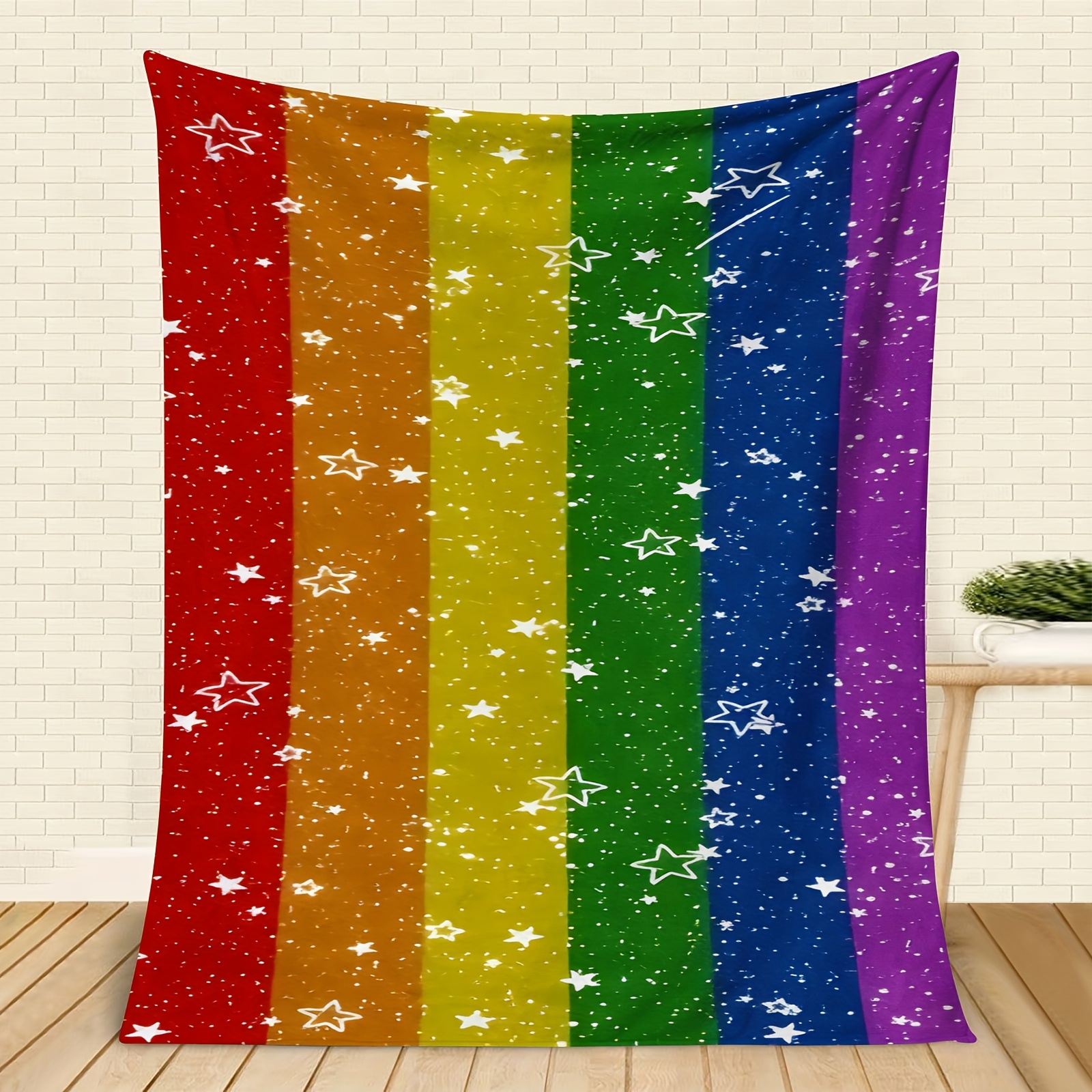 1pc Rainbow Pride Cozy Throw Blanket with Starry Night Design – Soft Polyester Knit, All-Season Comfort, Vibrant Rainbow Colors, Perfect for Home