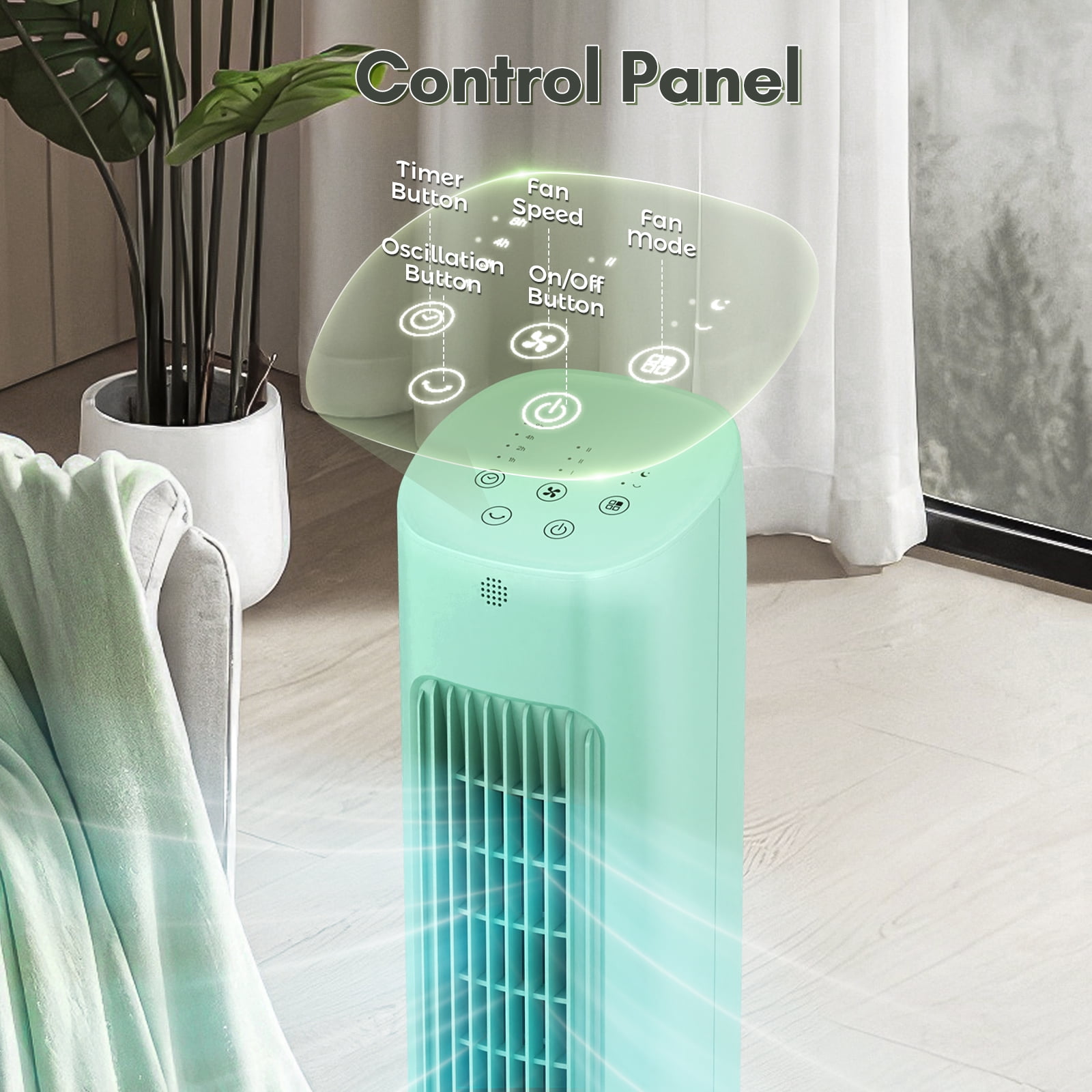 KISSAIR 31" Compact Tower Fan for Bedroom – 85° Oscillating, 3 Speeds, Normal/Sleep 2 Modes, 15H Timer, LED Display & Remote, Portable Bladeless Fan, Green