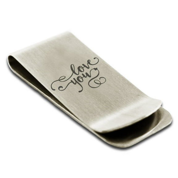 Tioneer Stainless Steel Love You Calligraphy Swirl Engraved Money Clip Credit Card Holder