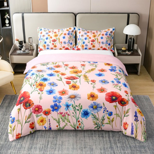 Erosebridal Daisy Flower 100% Cotton Comforter Cover Queen, Groovy Floral Bedding Queen Size, Rustic Plant Reversible Bed Cover, Ultra Soft Room Decoration, 3 Pieces(No Comforter)