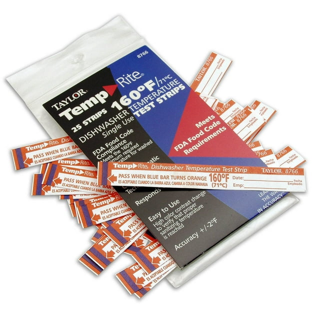Tiras reactivas para lavavajillas Taylor 8766 Temp-Rite 160°F, paquete de 25