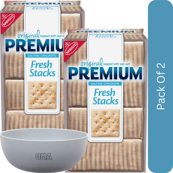 Premium Fresh Stacks Original Saltine Crackers – 13.6 oz (8 Stacks)- 2pk- With White Bowl By OMA