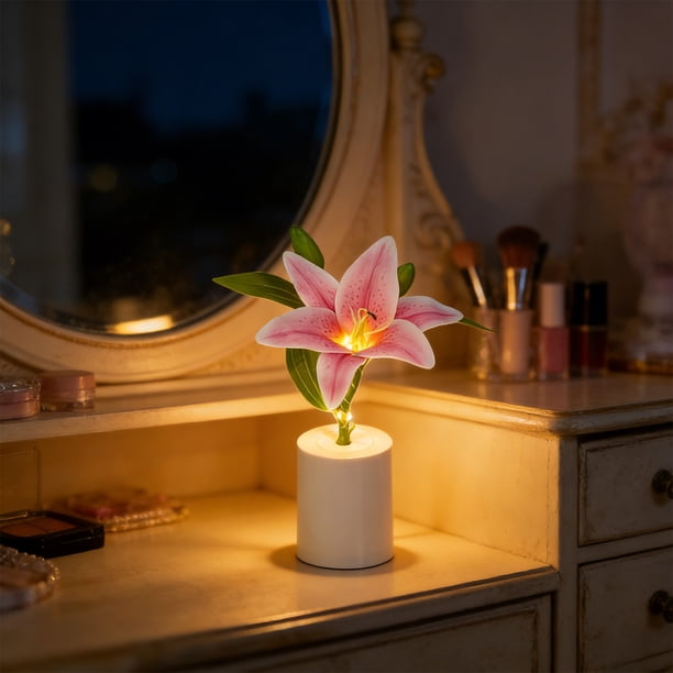 Luz de noche en maceta con rosas – Lámpara de escritorio a pilas para decorar el dormitorio y regalos románticos