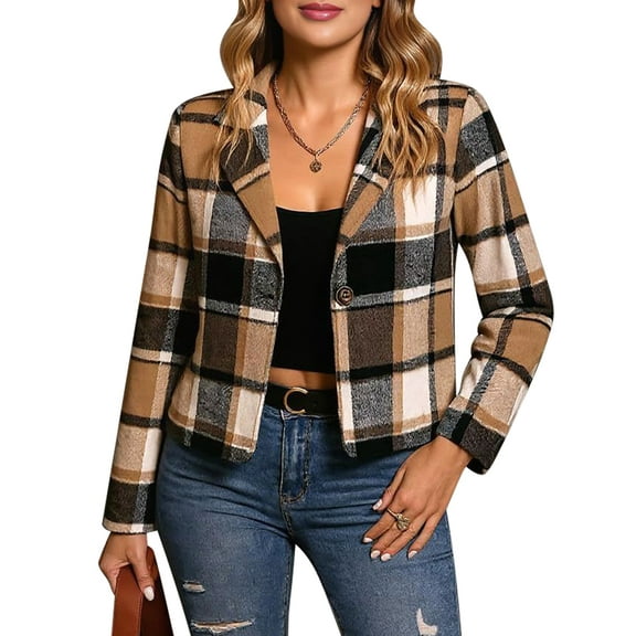 Women Flannels Cropped Long Sleeve Blazer V Neck Button Down Jackets Plaid Fall Coat Tops Khaki XXL