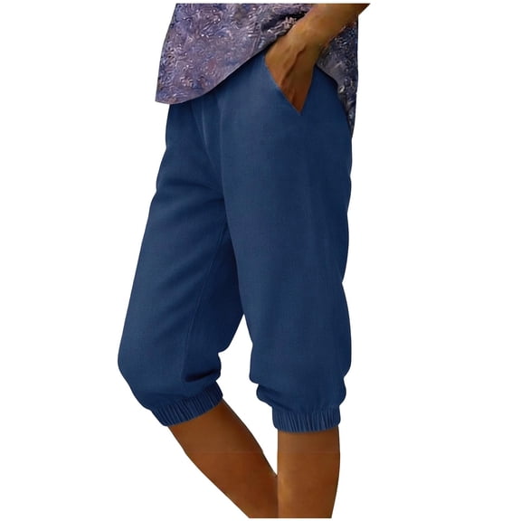 SBYOJLPB Women's Trendy Capris Casual Pants Drooping Pants Denim Style Solid Color Elastic Waistband Cuffed Ankles with Pockets Cropped Trousers
