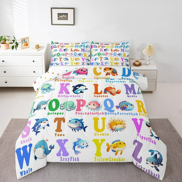 YST Kids Alphabet Bedding Set Twin Ocean Animal English Alphabet Comforter Set For Toddler Boys Girls,Cartoon Abc Letters Bed Comforter Set Educational Learning Theme Quilt Room Decor