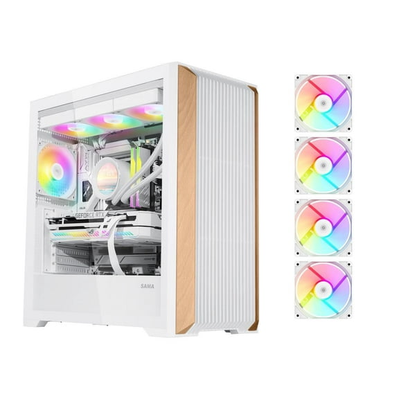SAMA Z60 White Genuine Walnut Wood PC Case, ATX Mid Tower, Pre-Installed 4x 140mm ARGB PWM Fans, Supports 360mm Radiator on Top, Type-C Port, Supports E-ATX/ATX/M-ATX/ITX, Gaming Case