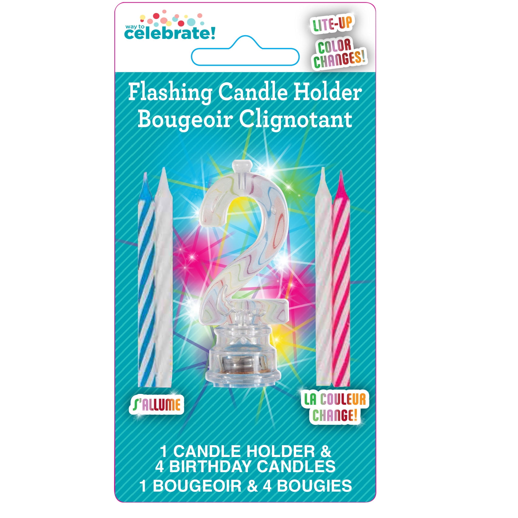 Multicolor Number 2 Flashing Birthday Candle Holder and Candles Set, 5 Pieces, by Way To Celebrate