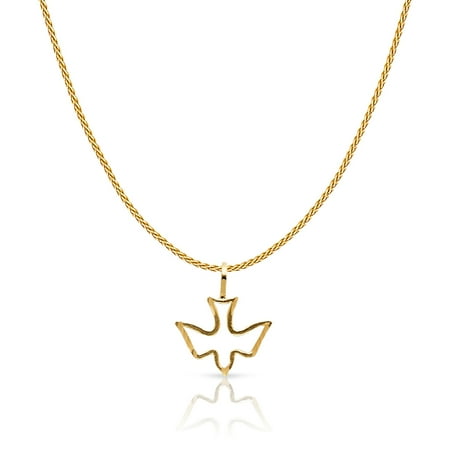 - 14K Yellow Solid Gold Holy Spirit Dove Charm Pendant with 0.9mm Wheat Chain Necklace