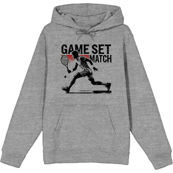"Game Set Match" Tennis Sports Adult Heather Gray Long Sleeve Hoodie-Medium