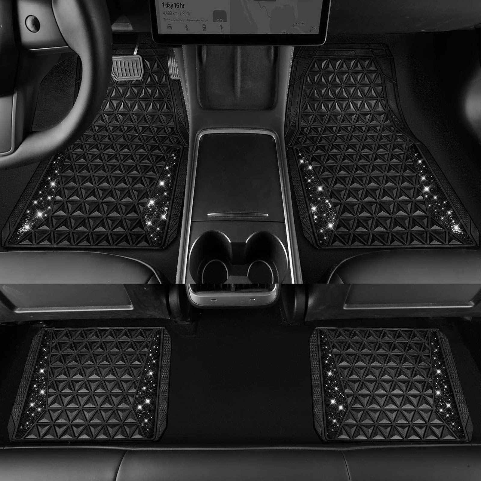 CAR GRAND Bling diamond rubble automotive floor mats full set anti-slip water proof universal fit glitter crystal sparkly shining rhinestone girl woman lady femal Black