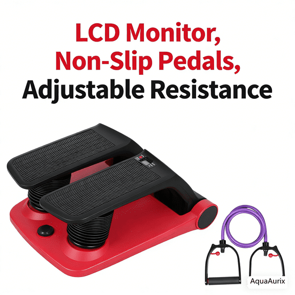 Air Compression Resistance Stepper–Adjustable Mini Stair Climber for Home Cardio Workout, Portable Stepper Machine with LCD Display,5-Level Adjustable Resistance, Non-Slip Pedals - Batt. not incl.