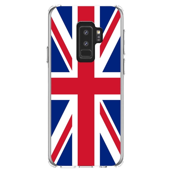 DistinctInk Clear Shockproof Hybrid Case for Samsung Galaxy S9  PLUS (6.2" Screen) - TPU Bumper, Acrylic Back, Tempered Glass Screen Protector - Red White Blue British Flag UK - the UK