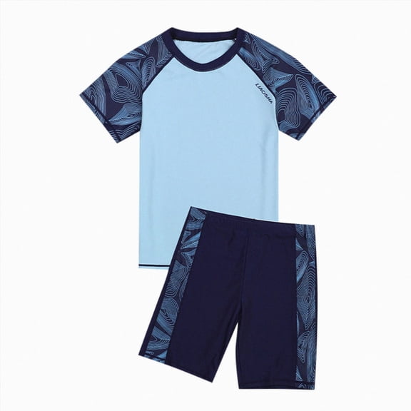 Splozh Toddler Boys Summer Swim Set for 8-16 Years, Animal Print Rash Guard & Swim Trunks UPF 50 Sun Protection Breathable Swimming Outfit Blue,14-16 Years