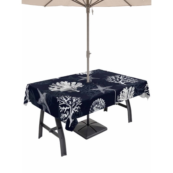 Outdoor Tablecloth with Umbrella Hole and Zipper, Coastal Coral Rectangle Table Cloth 60x102 Inch Waterproof Tablecloth, Dark Blue Ocean Starfish Shells Vintage Picnic Table Cover for Patio Camping
