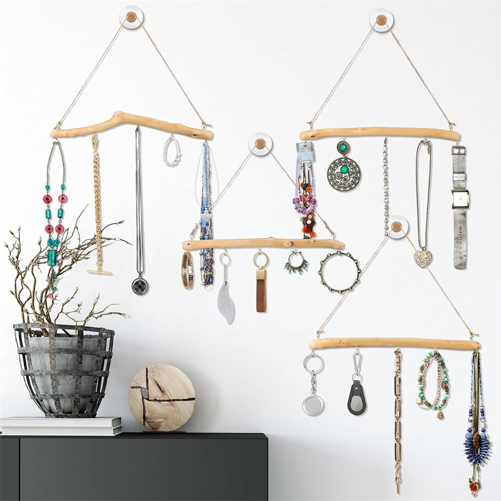 HXRH 2Pcs Driftwood Wall Hanging Jewelry Hanger 16 InchRustic Wood Hanger Tree Branch Jewelry Organizers with 5 Hooks Decor Craft