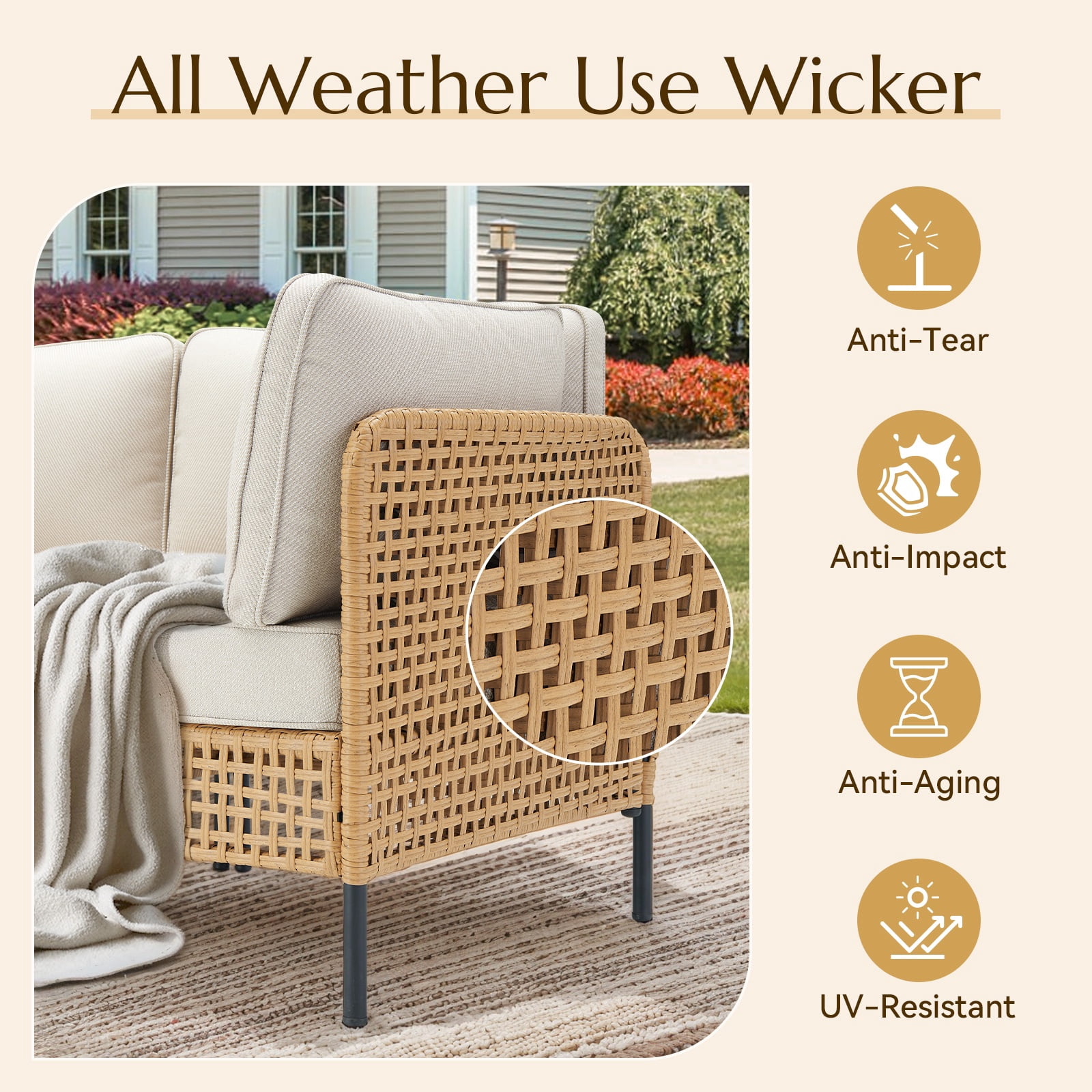 Feishominoo 7 Piece Patio Sectional Furniture Sets, All Weather Wicker Outdoor Conversation Sets with Coffee Table and Beige Cushions, for Balcony, Porch, Backyard