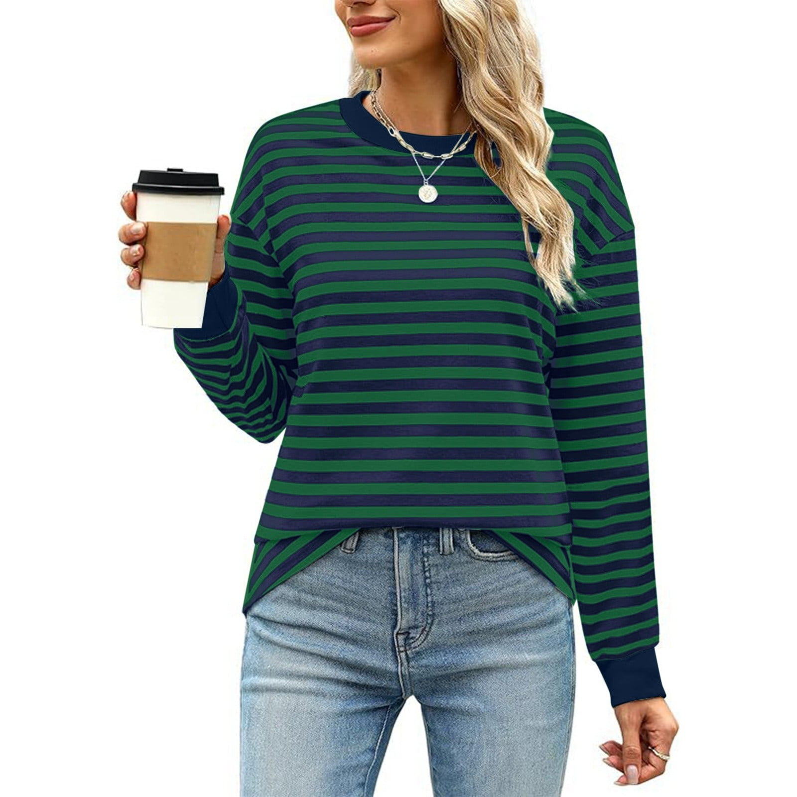 Fashionable Contrast Color Loose Crew Neck Striped Long Sleeve Top