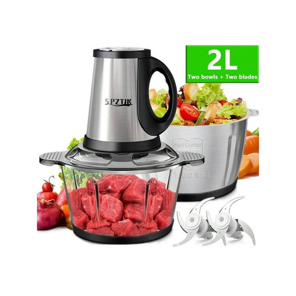 SPZTJK 2L Electric Food Processor, 2-Speed Stainless Steel Meat Grinder Chopper with 4 Sharp Blades