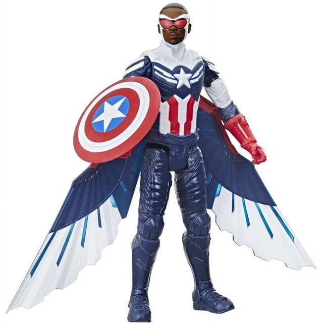 figuras de acción de los vengadores de marvel para niños, juguetes de 30cm de la serie titan hero, capitán américa — figura de 30 cm articulada en plástico con pecho blanco y azul con estrella, franjas rojas en el torso, botas y piernas azul marino, escudo circular rojo/blanco/azul en el brazo y alas tipo capa blancas con detalles azules; vista frontal centrada sobre fondo blanco, adecuada como regalo para niños 7+.