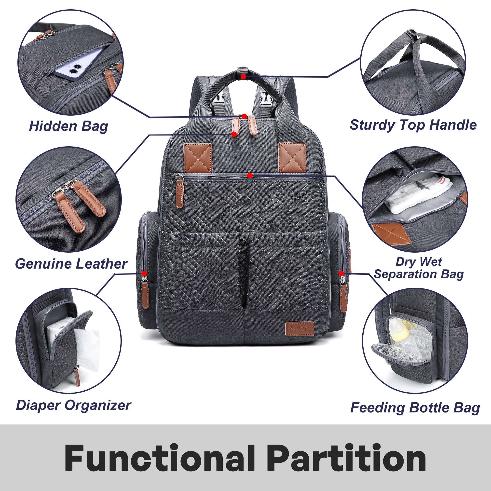 AGUDAN Baby Diaper Backpack Waterproof Maternity Bag Dry&Wet Separation Nappy Bag 12x7x16IN
