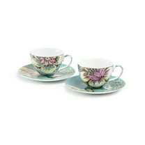 Grace Teaware Peacock Lotus Garden Pink 6oz Fine Porcelain Assorted Cup and Saucer Set of 2