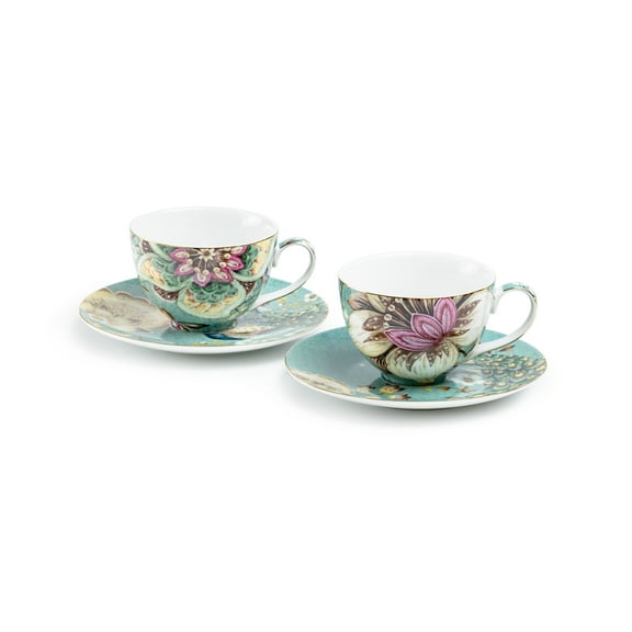 Grace Teaware Peacock Lotus Garden Pink 6oz Fine Porcelain Assorted Cup and Saucer Set of 2