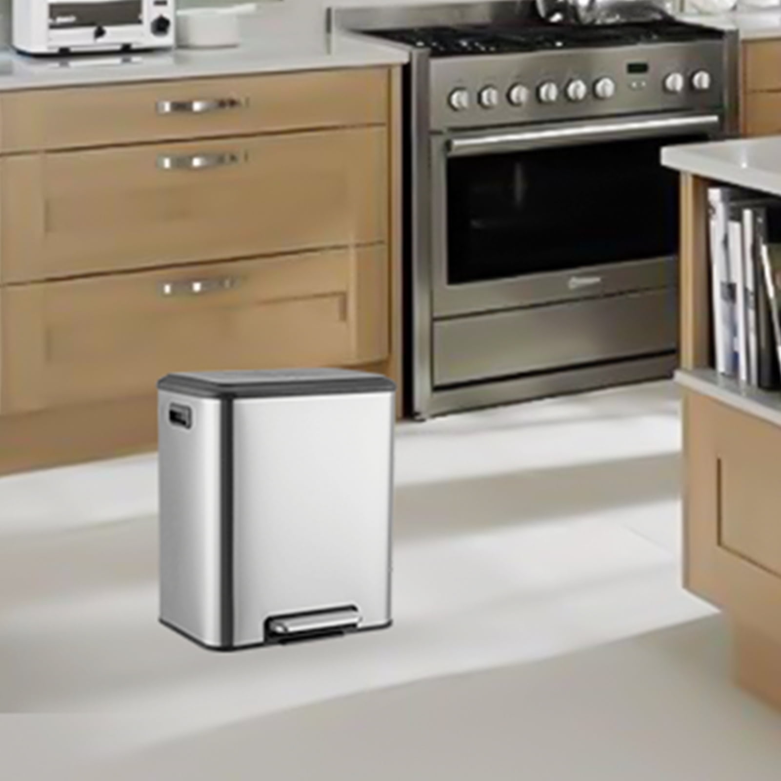 Dual Trash Can for Recycling and Trash, 2 x 15 L (30 L) Stainless Steel Kitchen Trash Can with Lid and Foot Pedal, Double Compartment Garbage Can, Trash Can with Recycling Bin