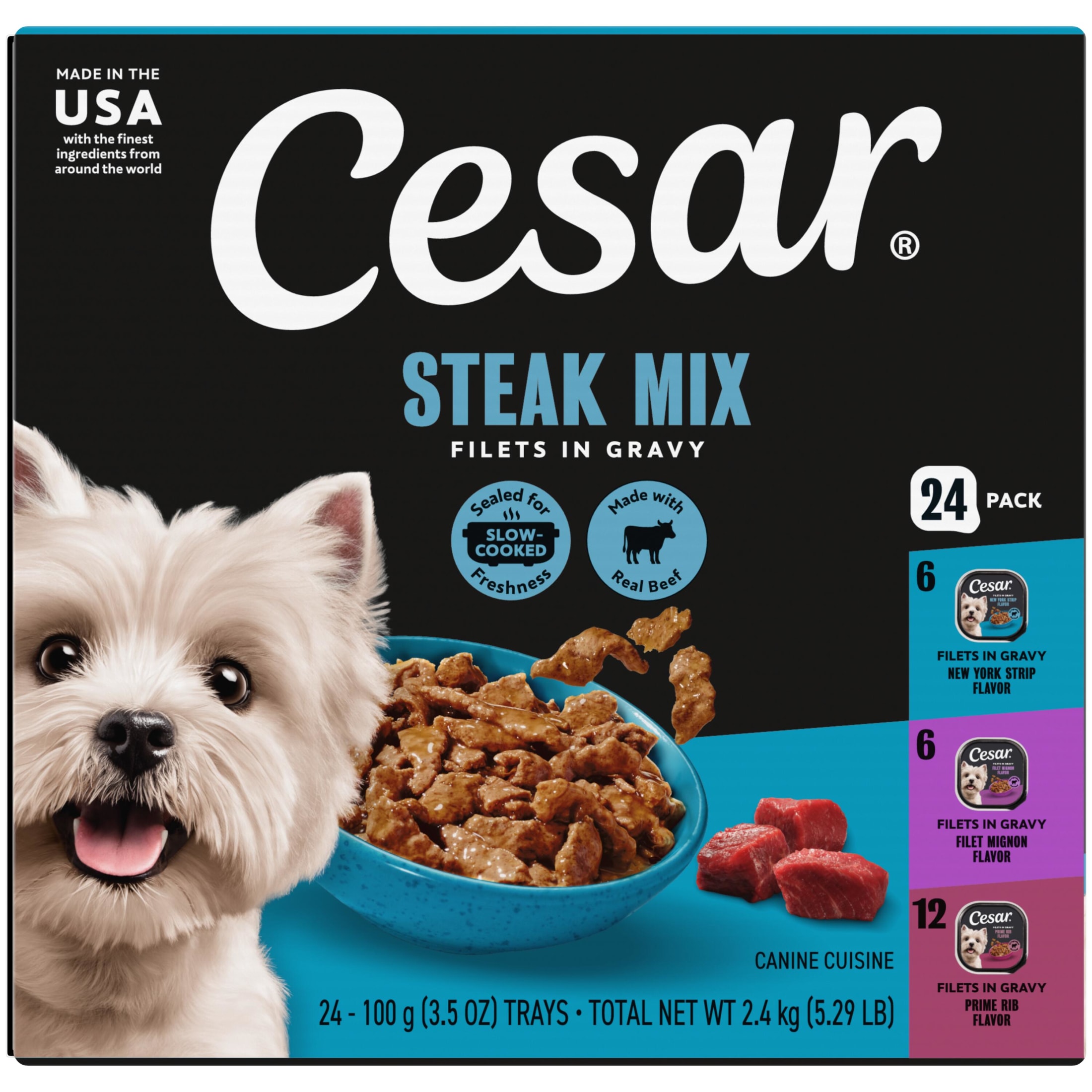 Cesar Filets In Gravy Variety Flavors Wet Dog Food Adult, 3.5 Oz. Easy Peel Trays (24 Pack)