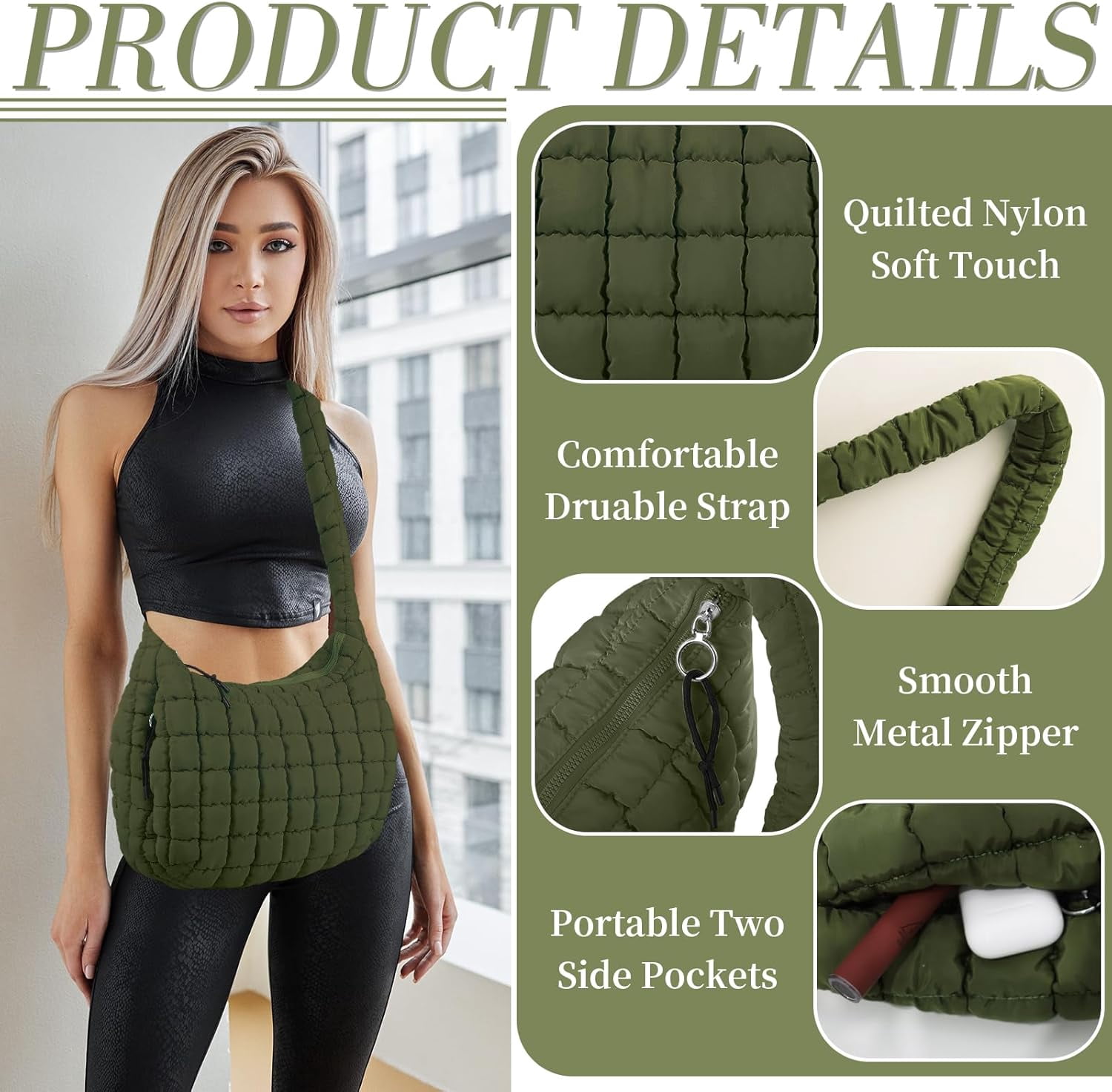 Lohol Quilted Puffer Tote Bag for Women - Large Crossbody Bag, Lightweight Nylon Puffy Carryall Hobo Puff Shoulder Bag-Dark Green