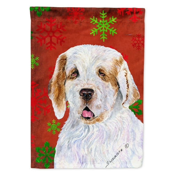 Carolines Treasures SS4707-FLAG-PARENT Clumber Spaniel Red and Green Snowflakes Holiday Christmas Flag  multicolor