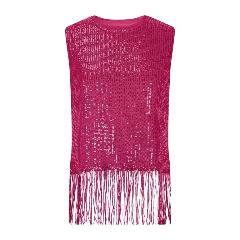 QATAINLAV Sparkly Fringe Tops for Women Sleeveless Crewneck Tassel