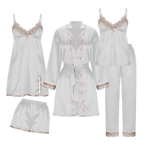 5 Pcs Floral Lace Trim Pajamas Set for Women Silk Robe Camisole Top Nightdress Short & Pant Cozy Pjs Sets