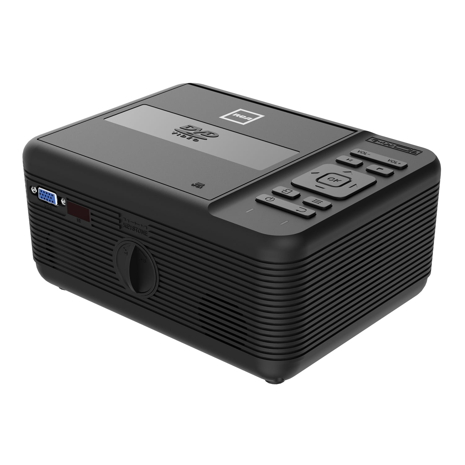 Open Box RCA Bluetooth 480p LCD Compact Projector with Built-in DVD Player, 100-In. Foldup Screen, and Remote (Black), RPJ241-COMBO-BLACK-V