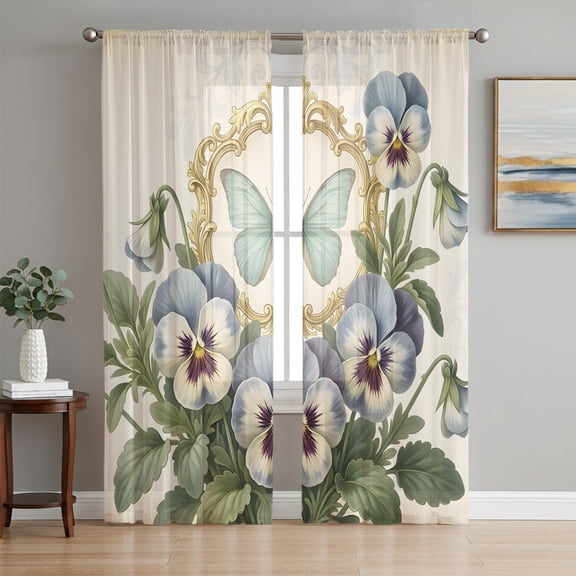 Spring Floral Sheer Curtains 84 Inch Length 2 Panels Set, Watercolor Flowers Butterfly Voile Window Treatment Rod Pocket Curtains Sheers Drapes for Bedroom/Living Room/Kitchen 52"x84"x2