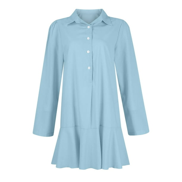 Mohiass Women's Tunic Mini Shirt Dress Cotton Long Sleeve Ruffle Hem Dress Button Up Shift Chambray Dresses Blue XL Mohiass Women's Tunic Mini Shirt Dress Cotton Long Sleeve Ruffle Hem Dress Button Up Shift Chambray Dresses Blue XL
