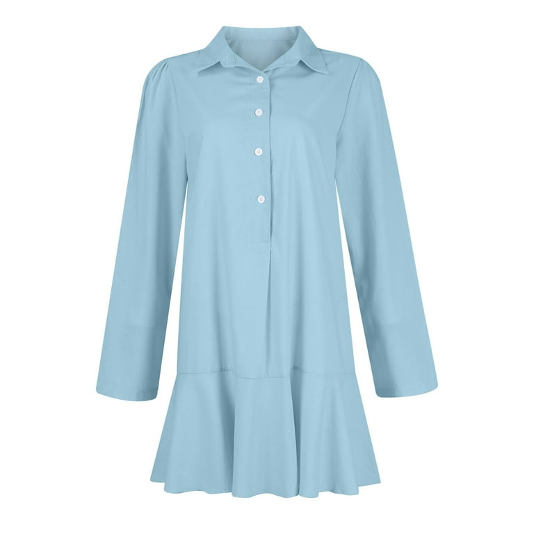 Mohiass Women's Tunic Mini Shirt Dress Cotton Long Sleeve Ruffle Hem Dress Button Up Shift Chambray Dresses Blue M Mohiass Women's Tunic Mini Shirt Dress Cotton Long Sleeve Ruffle Hem Dress Button Up Shift Chambray Dresses Blue M