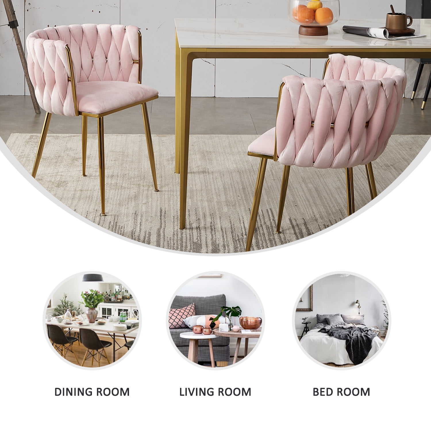 Tzicr Velvet Dining Chairs Set of 6, Modern Woven Upholstered Dining Chairs with Gold Metal Legs,Luxury Tufted Dining Chairs for Living Room, Bedroom, Kitchen (Pink)