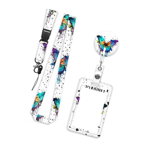 Retractable Lanyard with Card Protector Butterfly Print Cards Badge Holder with Detachable Neck Strap for Office School