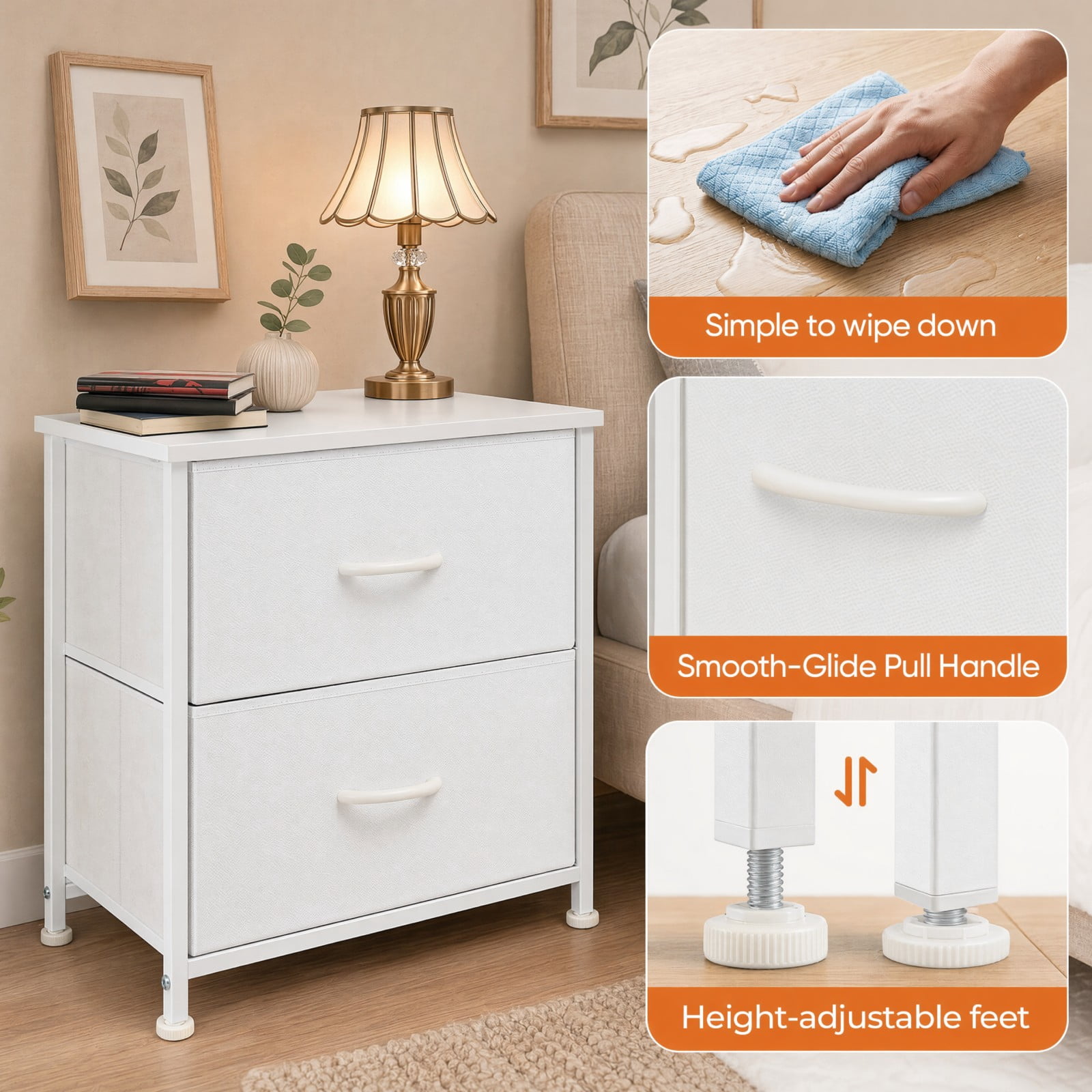 Telyra Fabric Nightstand with 2 Drawers 20" Bedside Table with Wood Top and Steel Frame Small Storage Organizer, White