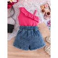 thumbnail image 5 of BemeyourBBs Toddler Baby Girls Summer Outfits Denim 2 Pieces Outfit Baby Girl Summer Clothes Sleeveless One Shoulder Ruffle Tank Vest Tops and Jeans Shorts Set with Belt, 5 of 9
