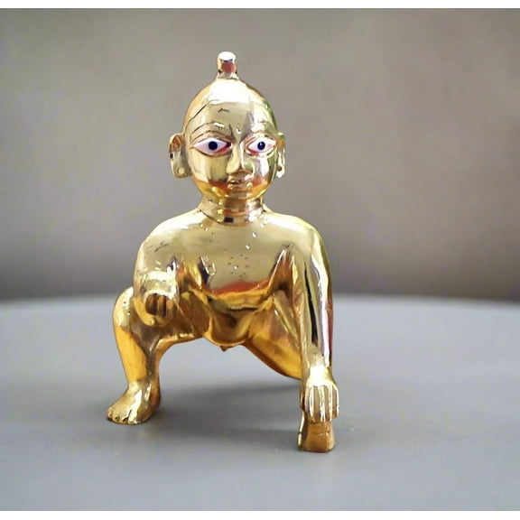 Brass Laddu Gopal Ji Idol Bal Krishna Murti for Home Temple & Janmashtami Pooja Accessory & Spiritual Gift, size 4